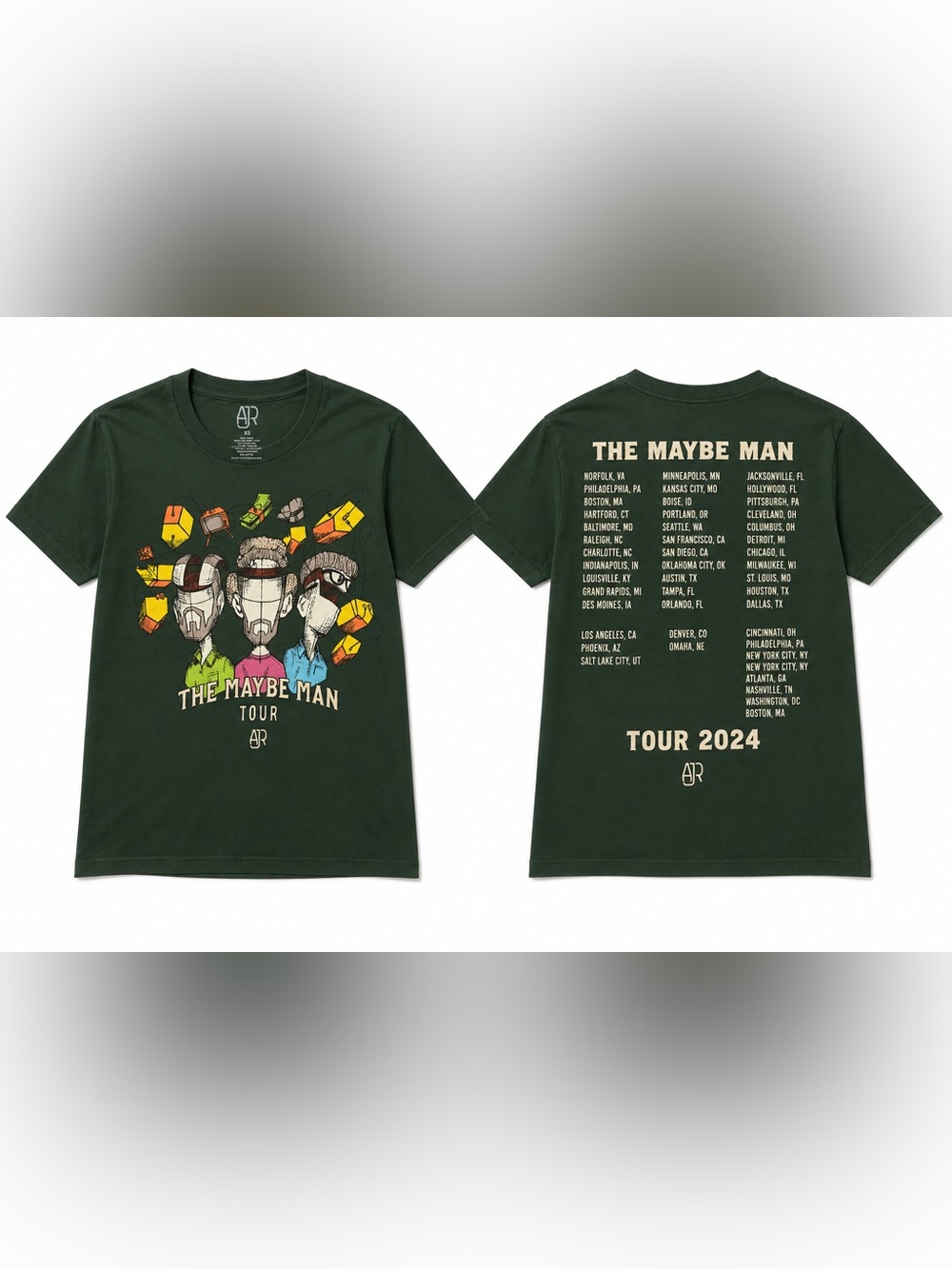 AJR The Maybe Man Tour 2024 Youth XS Green Double Sided Concert T-Shirt